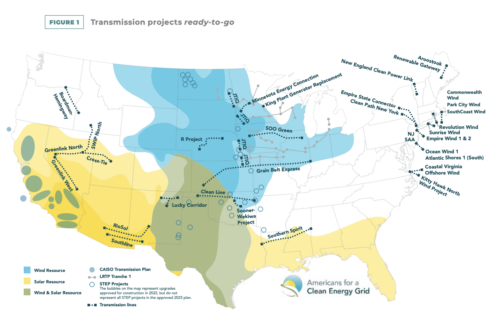 Figure of United States map displaying transmission projects ready-to-go